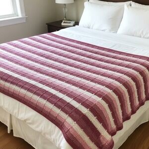 Vtg 70s Pink Stripe Granny Knit boho Blanket Cottagecore 55x75 FULL afghan throw